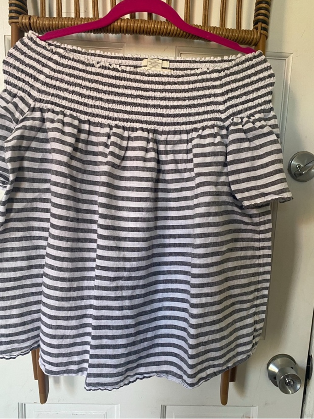 C&C California Gray and White Striped off the shoulder linen top